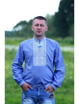Вишиванка чоловіча синя, машинна вишивка хрестиком. Джинс-льон або домоткане полотно