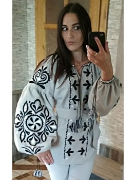  Вишиванка жіноча сіра, машинна вишивка хрестиком. Льон, домоткане полотно або габардин