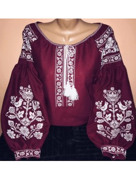  Вишиванка жіноча бордова, машинна вишивка хрестиком. Домоткане полотно, льон або габардин