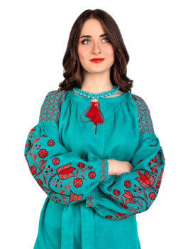  Вишиванка жіноча бірюзова, машинна вишивка гладдю. Домоткане полотно, льон або габардин
