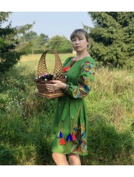 Сукня вишита зелена, машинна вишивка хрестиком. Льон, домоткане полотно або габардин