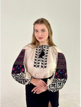  Вишиванка жіноча сіра, машинна вишивка хрестиком. Домоткане полотно