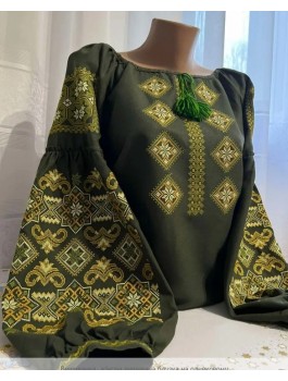  Вишиванка жіноча оливкова, машинна вишивка хрестиком. Домоткане полотно або льон