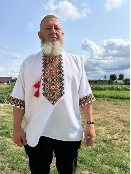  Вишиванка чоловіча біла, машинна вишивка хрестиком. Домоткане полотно або льон