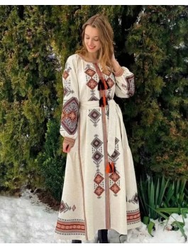 Сукня вишита бежева, машинна вишивка гладдю. Домоткане полотно або льон