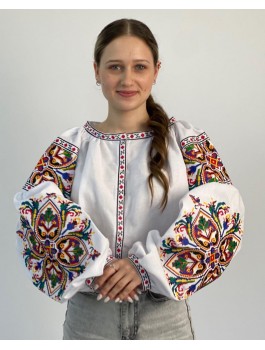  Вишиванка жіноча біла, машинна вишивка хрестиком. Домоткане полотно