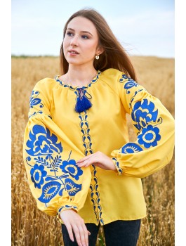 Вишиванка жіноча жовта, машинна вишивка хрестиком. Домоткане полотно, льон або габардин