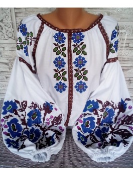  Вишиванка жіноча біла, машинна вишивка хрестиком + мереживо. Домоткане полотно, льон або габардин