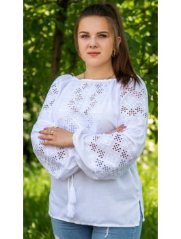  Вишиванка жіноча білим на білому, машинна вишивка хрестиком + мережки. Домоткане полотно