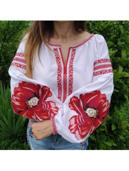  Вишиванка жіноча біла, машинна вишивка хрестиком. Домоткане полотно